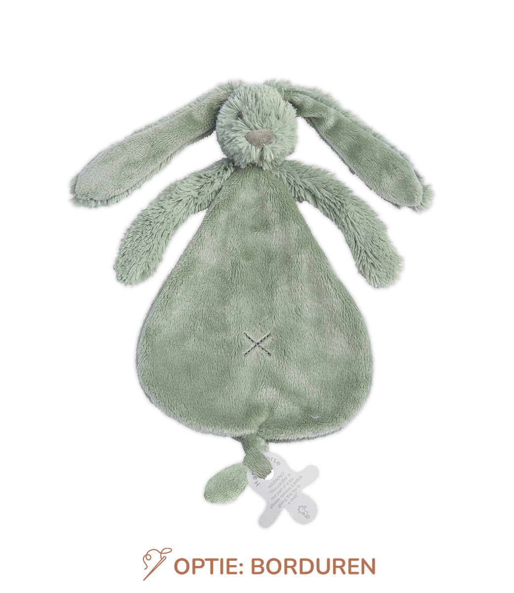 Happy Horse knuffeldoekje Rabbit Richie in het groen met lange flaporen
en print aan de binnenkant
