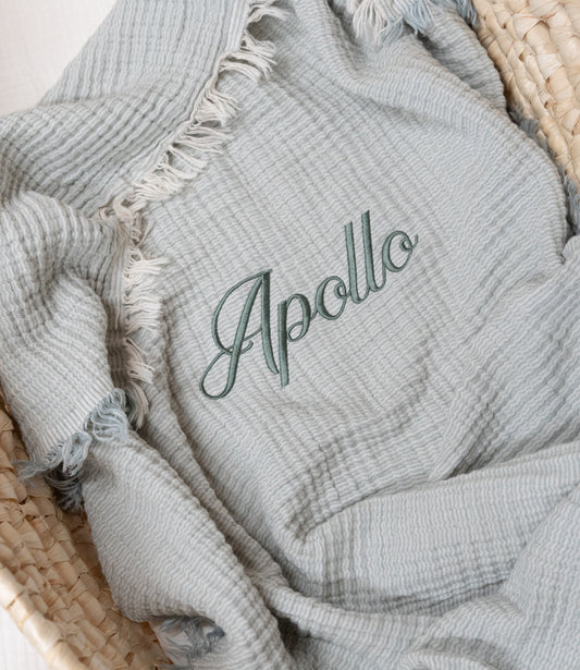 Zomerdeken muslin fringe stripe // Sea green-ivory