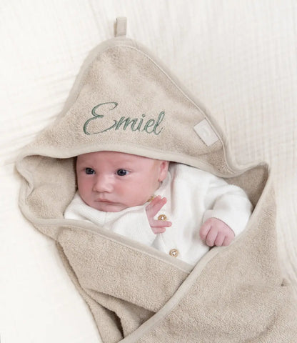 Badcape 75x75cm badstof geborduurd // Nougat Jollein