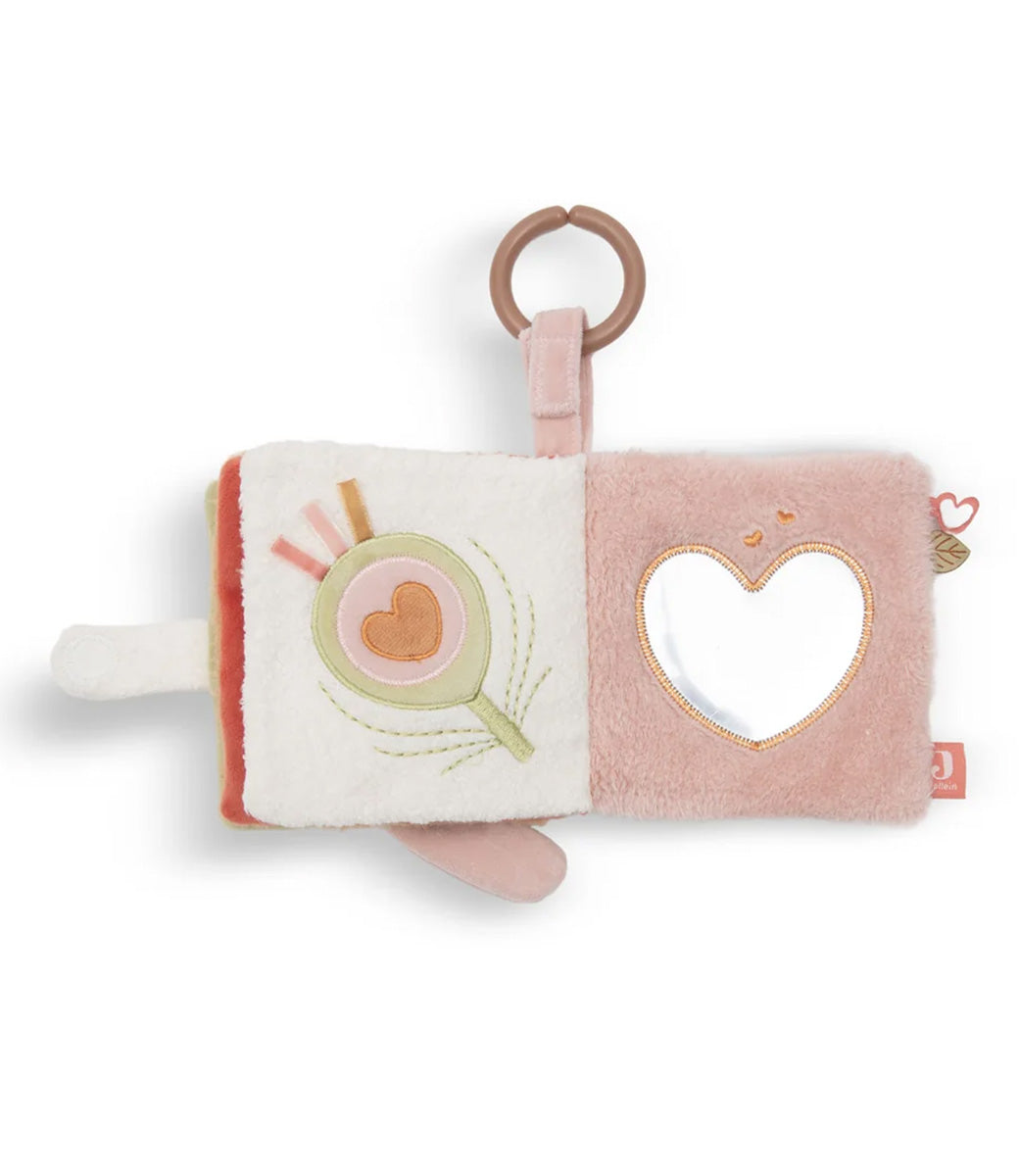 Jollein activiteitenboekje Lovely Birds met vier zachte pagina's, knisper-
geluidjes, spiegel en ring. Sensorisch babyspeelgoed in zachte pasteltinten