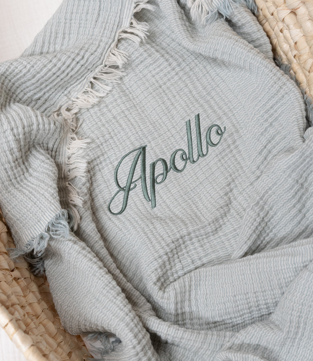 Zomerdeken muslin fringe stripe // Sea green-ivory