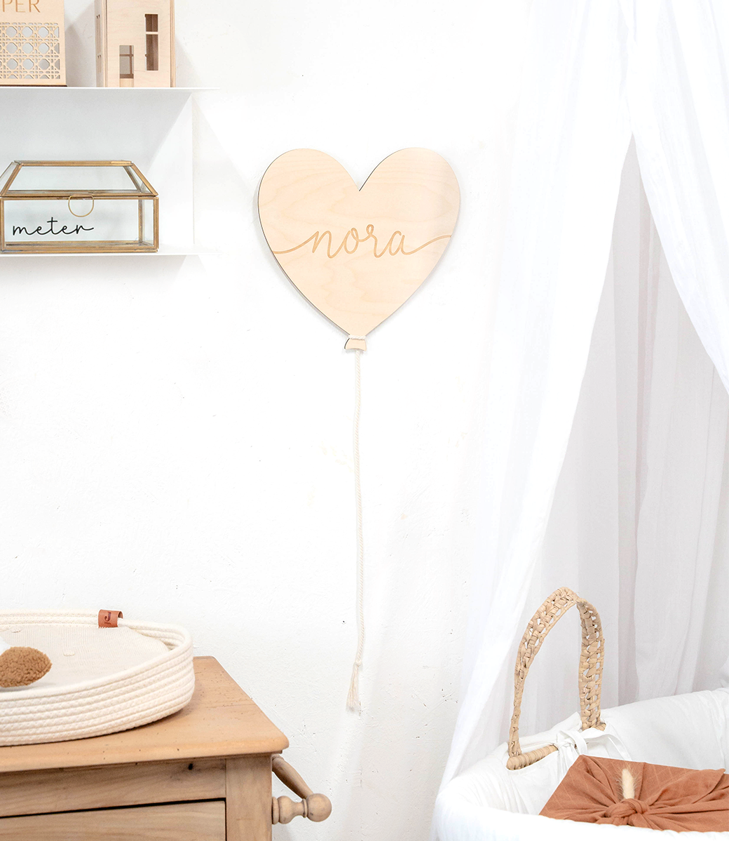 Wooden heart balloon // with engraved name and braided cord